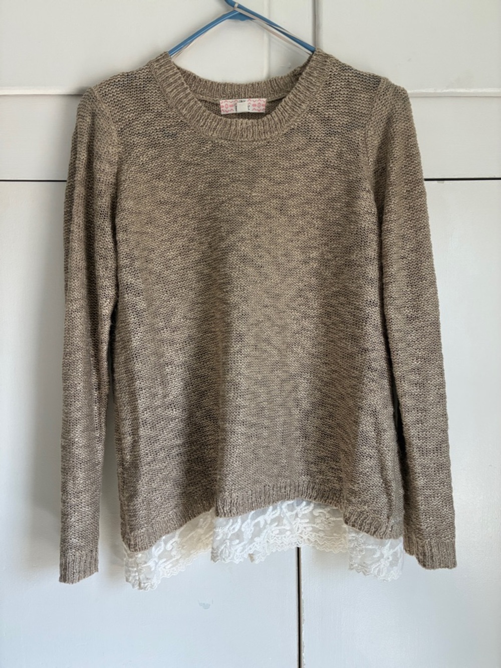 Pink Republic Vanilla Almond Knit Crewneck Sweater with Lace Hem Detail